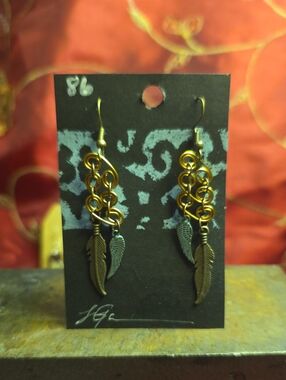 Gold and Bronze Feather Chain Link Drop Earrings